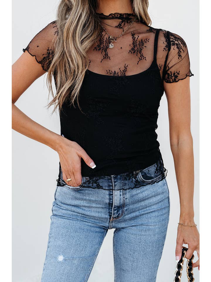 Black Floral Sheer Mesh Short Sleeve High Neck Blouse S-4X for wholesale on Faire