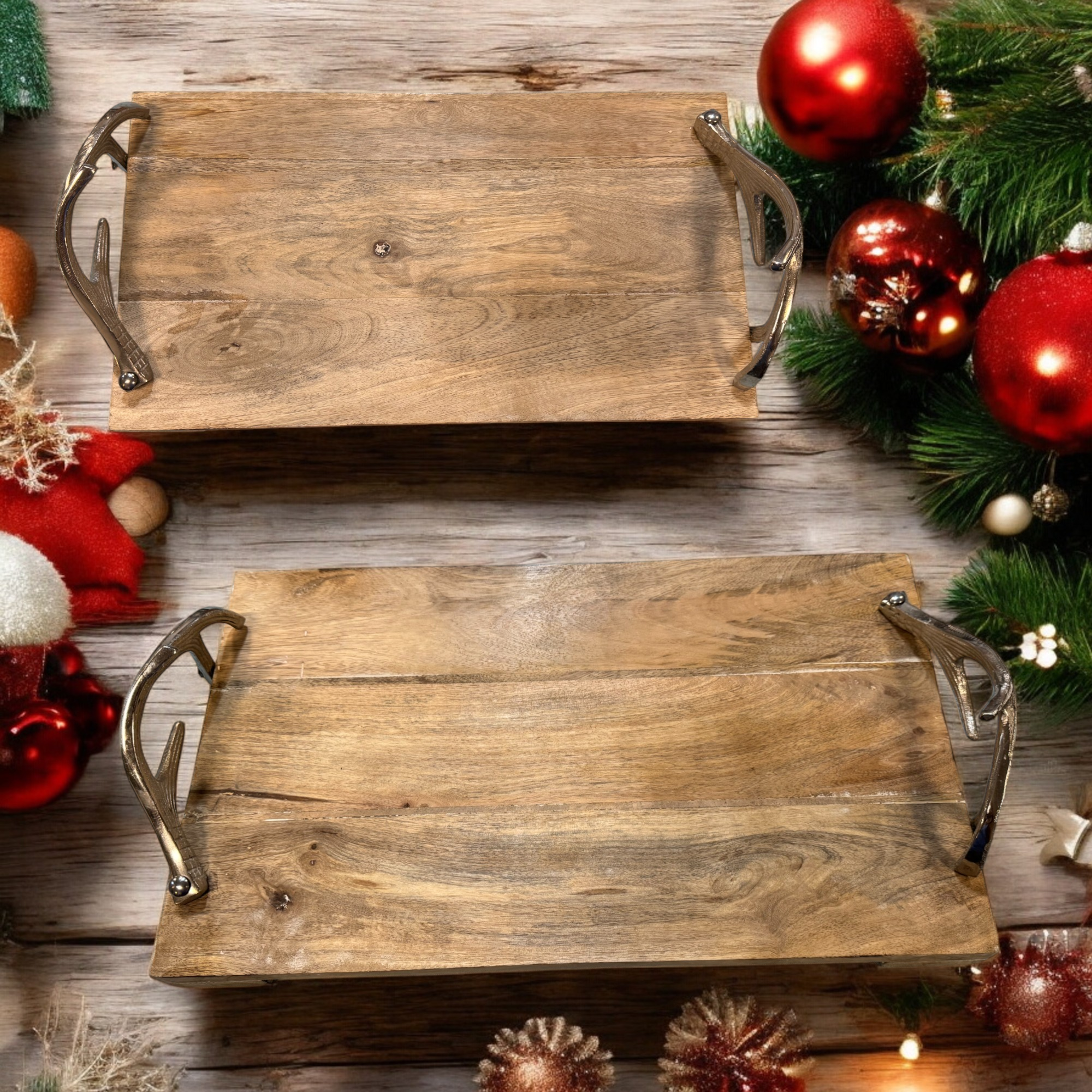 Wilco Home - Vente Plateaux de service - Ensemble de 2 plateaux de service en bois avec poignées en nickel poli7