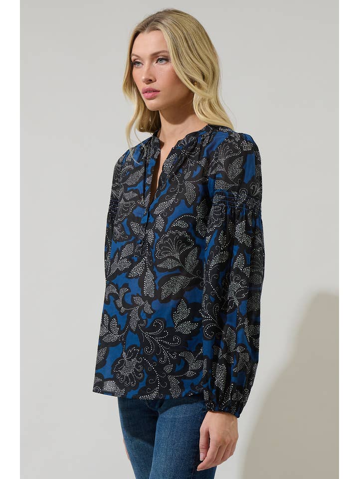 NAVY BLACK Aurina Floral Jamille Split Neck Poplin Top for wholesale on Faire2