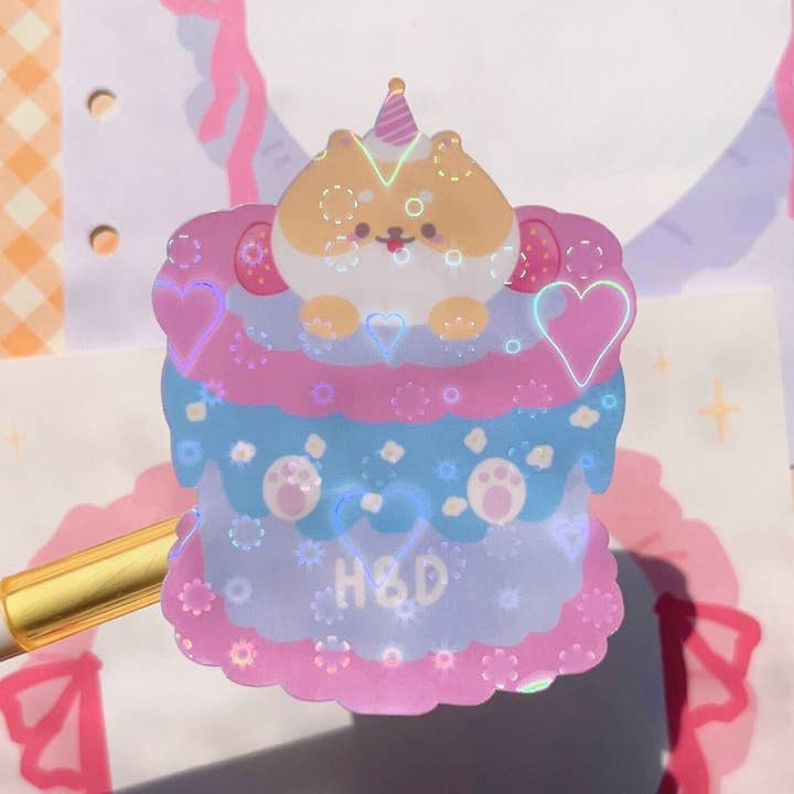Cute Shiba HBD Holographic Waterproof Sticker for wholesale by Bwread Shop