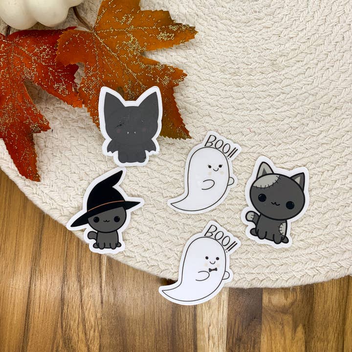 Katzen, Geister & Fledermaus Set Herbst, klarer Vinylaufkleber, 2x2 Zoll für den Großhandel von Savannah and James Co