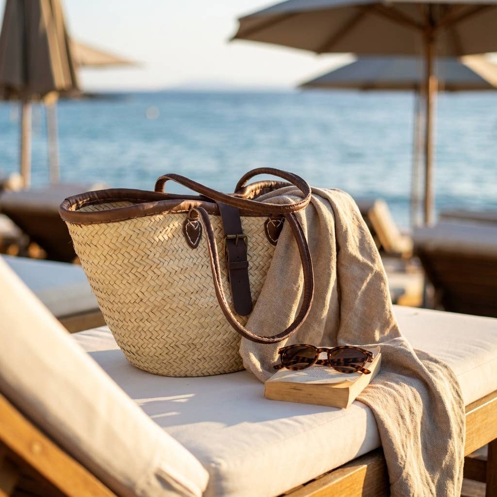 Melecraft – Großhandel Strandtaschen – Französischer Marktkorb mit Leder, Korb mit Zierschnalle3