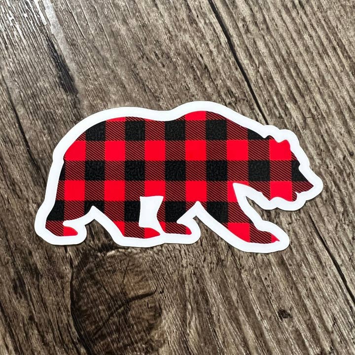 Buffalo & Red Plaid Bear Die Cut Waterproof Stickers for wholesale by S&Y Brand Paper co.