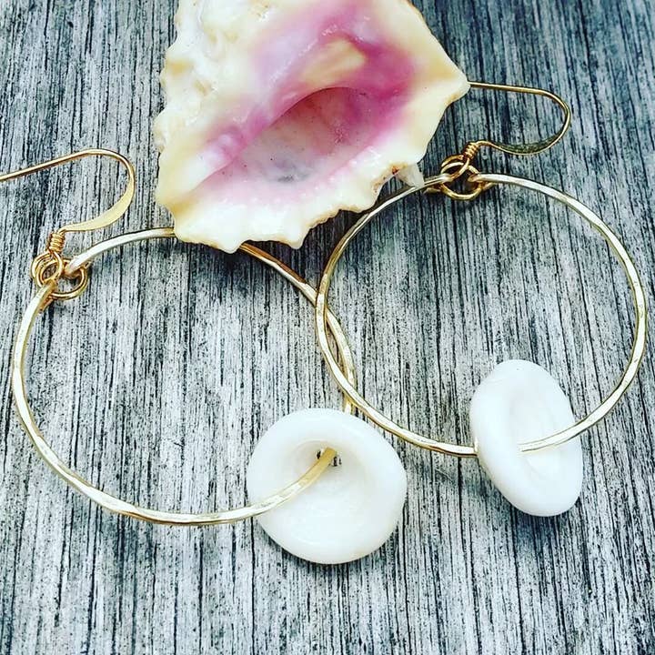 Ocean Drift Jewelry - Wholesale Dangle Earrings - White Puka Shell Hoop Earrings | Medium Hoops