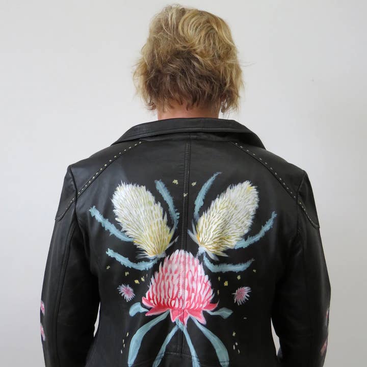 NATIVE FLOWERS DISTRESSED LEATHER JACKET for wholesale by Johnny Be Good