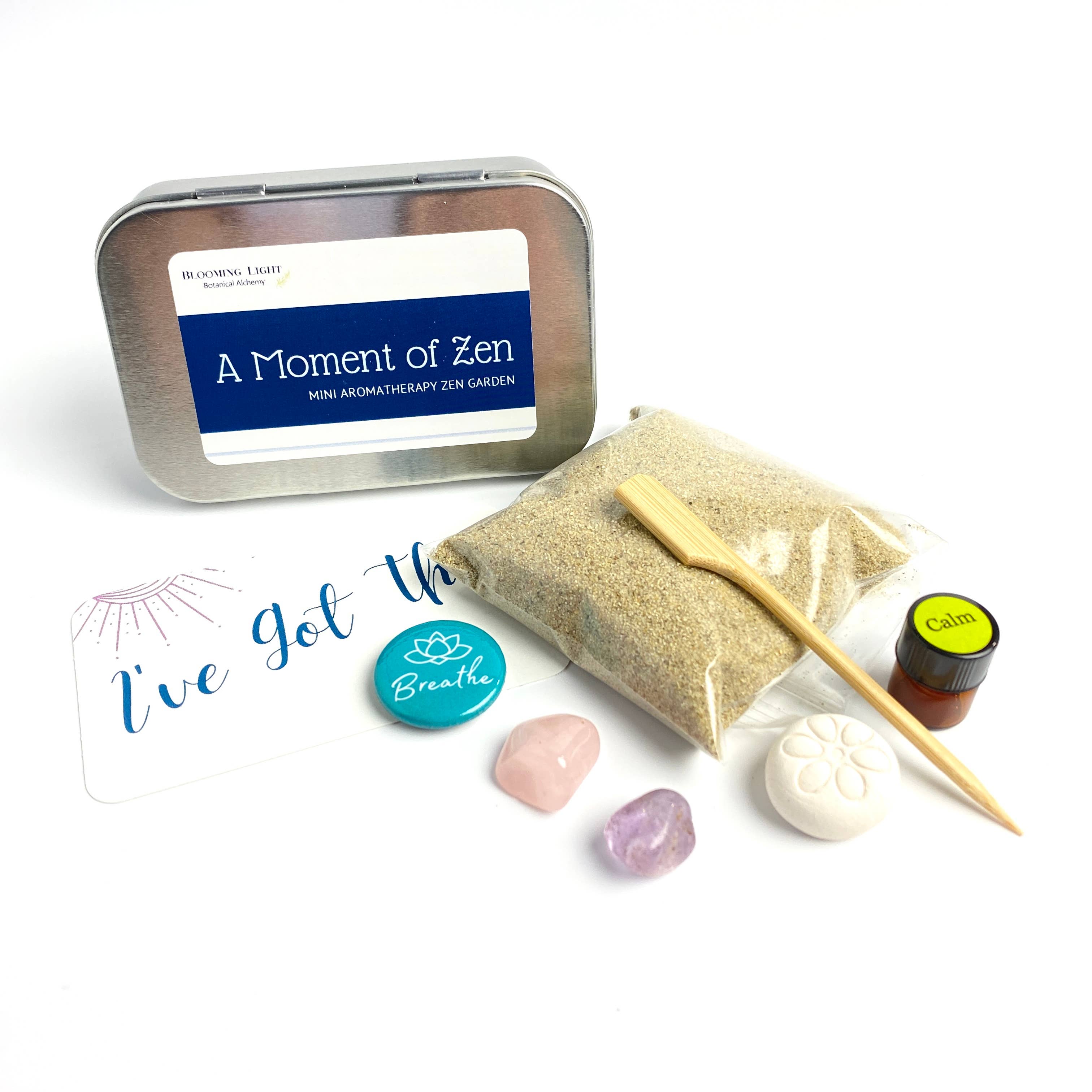 Blooming Light Botanical Alchemy, llc - Wholesale Meditation Supplies - A Moment of Zen Kit, a miniature aromatherapy zen garden kit3