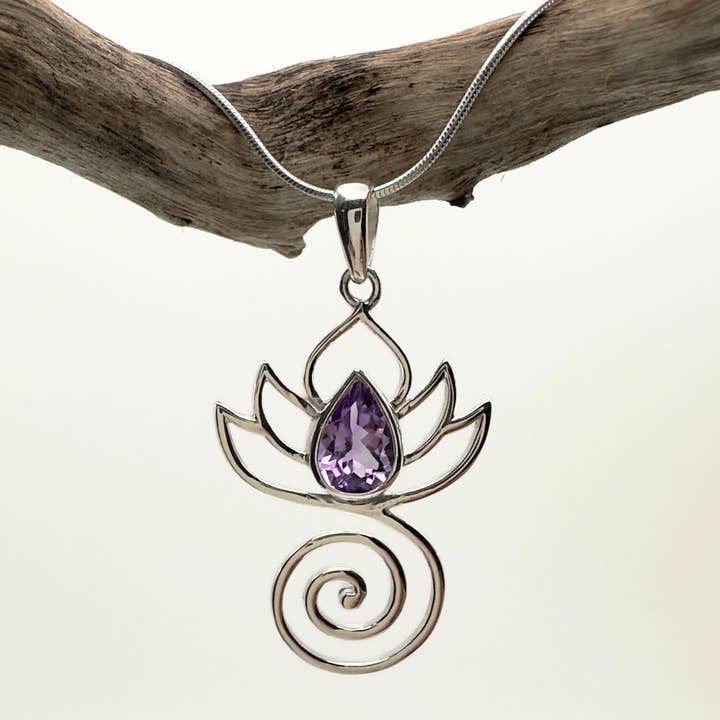 Radiant Lotus Amethyst Pendant in Sterling Silver for wholesale by The Green Gecko
