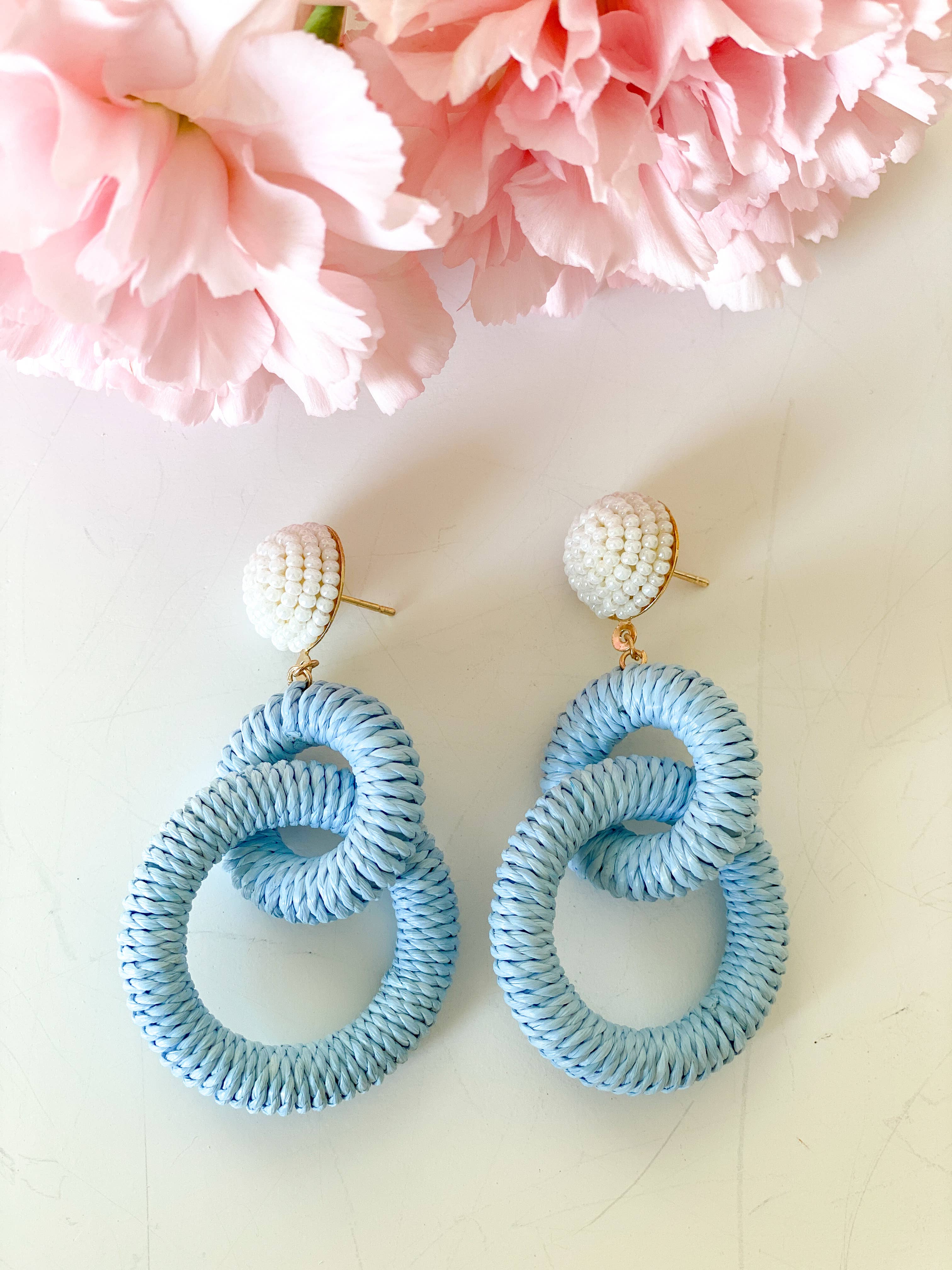 Gaby & Grace - Wholesale Dangle Earrings - Nantucket Raffia Earrings | Carolina Blue and White6