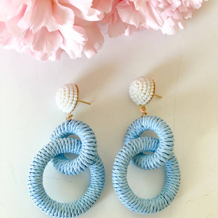 Gaby & Grace - Wholesale Dangle Earrings - Nantucket Raffia Earrings | Carolina Blue and White6