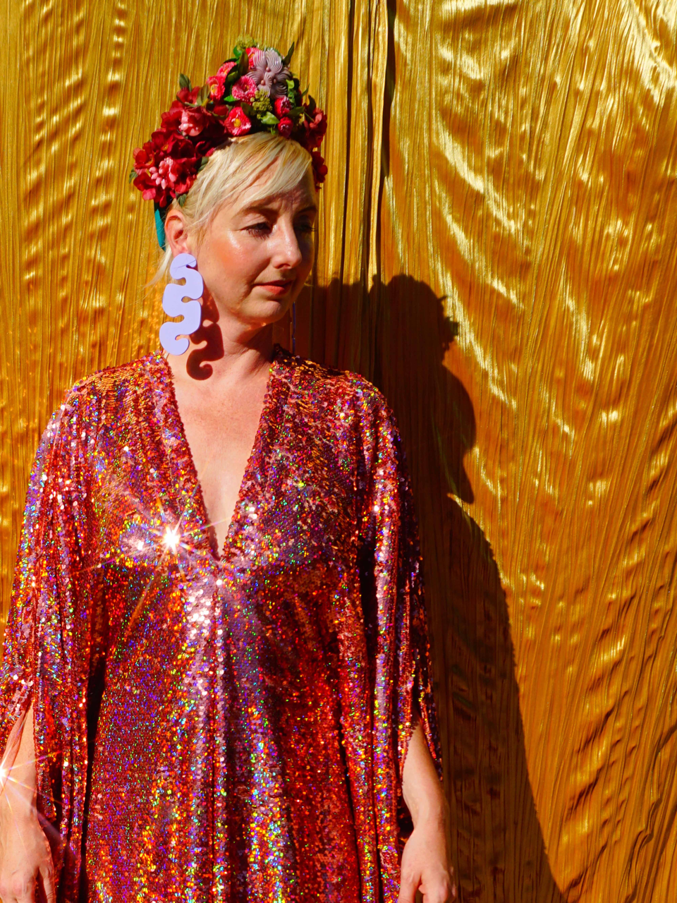 Fumbalinas – wholesale Kaftan – Women's – Rose Gold Holographic Sequin V-neck Kaftan Gown2