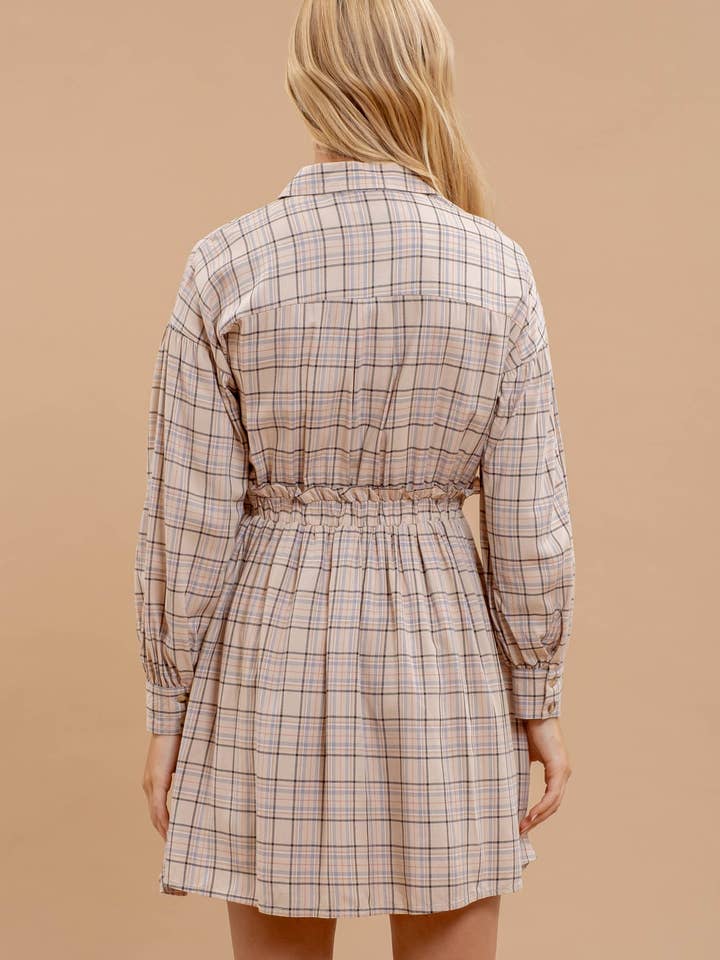 BEIGE MULTI PLAID COLLARED BUTTON DOWN LONG SLEEVE DRESS for wholesale on Faire
