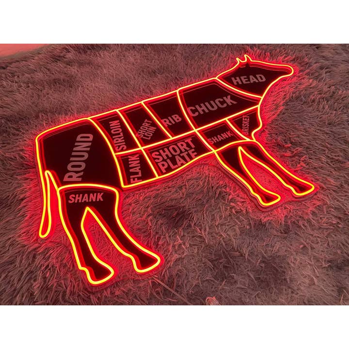 Glow Neon - Wholesale Neon sign - Map Beef Steak Cuts Cow Neon Print Sign, Beef Map Cow Neon1