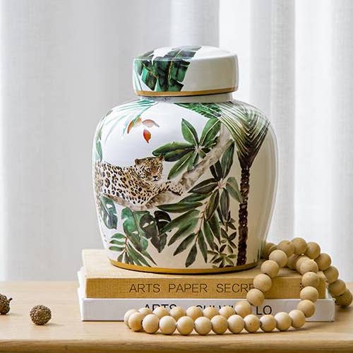 D8x9.5" White and Green Safari Leaf Lidded Jar for wholesale by A&B Home Group Inc.
