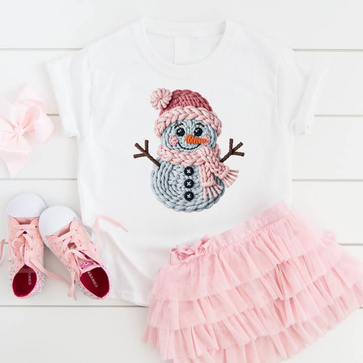 Snowman Faux Yarn Girls Winter Christmas Tee Shirt for wholesale by AvaryMaeInspirations