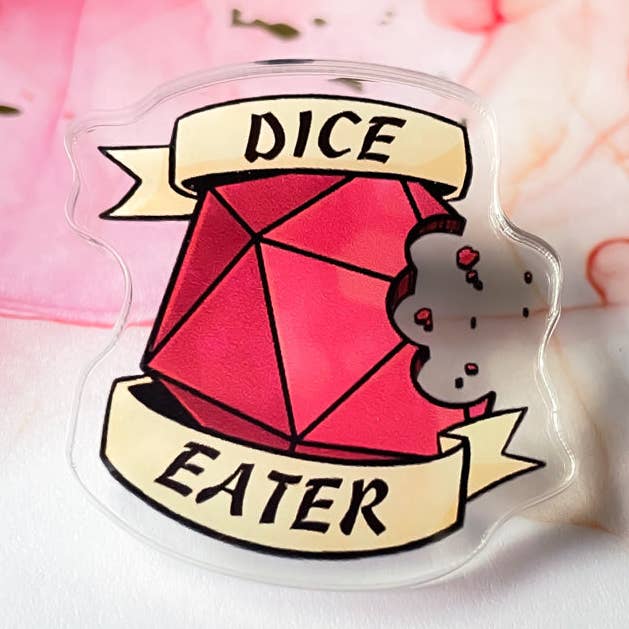 Dice Eater 1.5" Acrylic Pin for wholesale by TheStarfishface