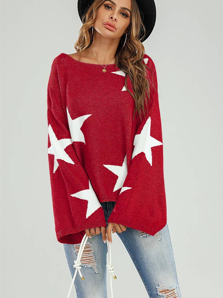 FS Collection (Germany) - Wholesale Knit Sweater - Women's - Wide Sleeve Oversize Red Jumper With White Star