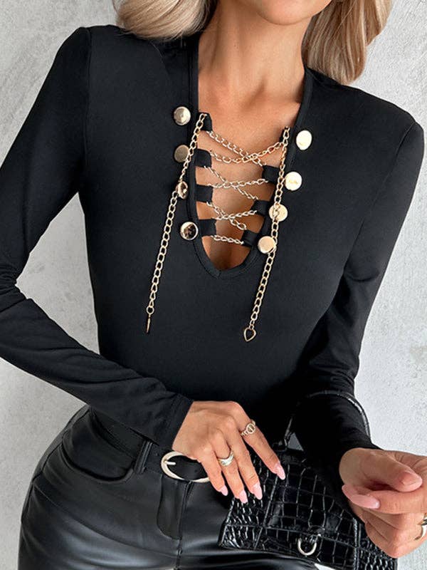 BLACK Long Sleeves Skinny Chains V-Neck T-Shirts Tops for wholesale on Faire3