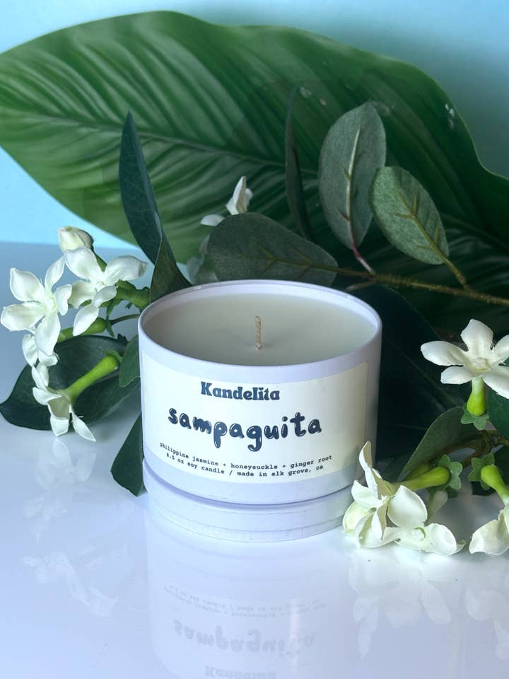 Sampaguita | Matte white tin soy candle for wholesale by Kandelita