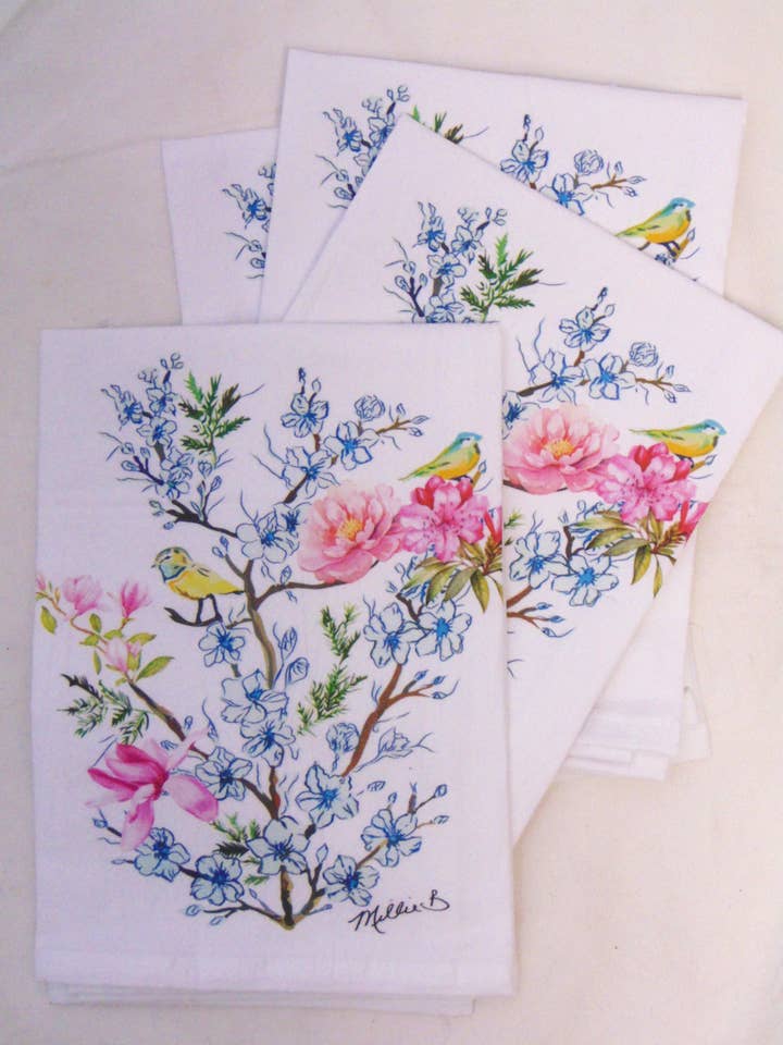 Serviettes Watercolor Blossoms Pink Flour Sack en édition limitée pour la vente par Lowcountry Linens