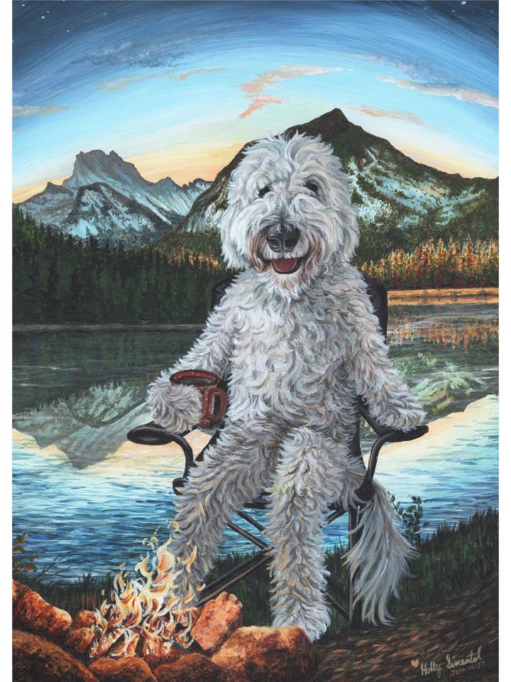 Labradoodle Camping Dog and Coffee Signed Archival Art Print for wholesale by Holly Simental