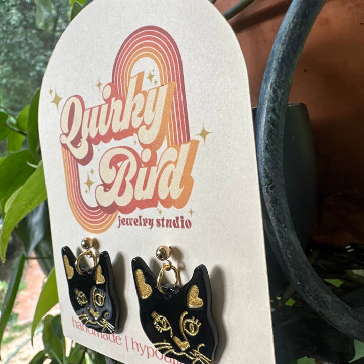 Quirky Bird - Wholesale Dangle Earrings - black kitty earrings on 18k gold plated ball post 3