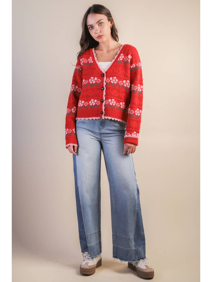 VERY J - Wholesale Cardigan - Women's - 12W3524N-Floral Graphic Detail Knit Sweater Cardigan11