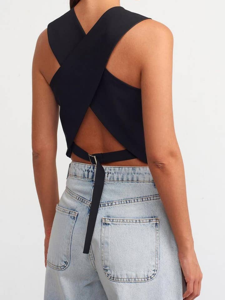 CRISS CROSS BACK DETAILED TAILORED VEST BLACK 6443 for wholesale by WISTERIA LANE