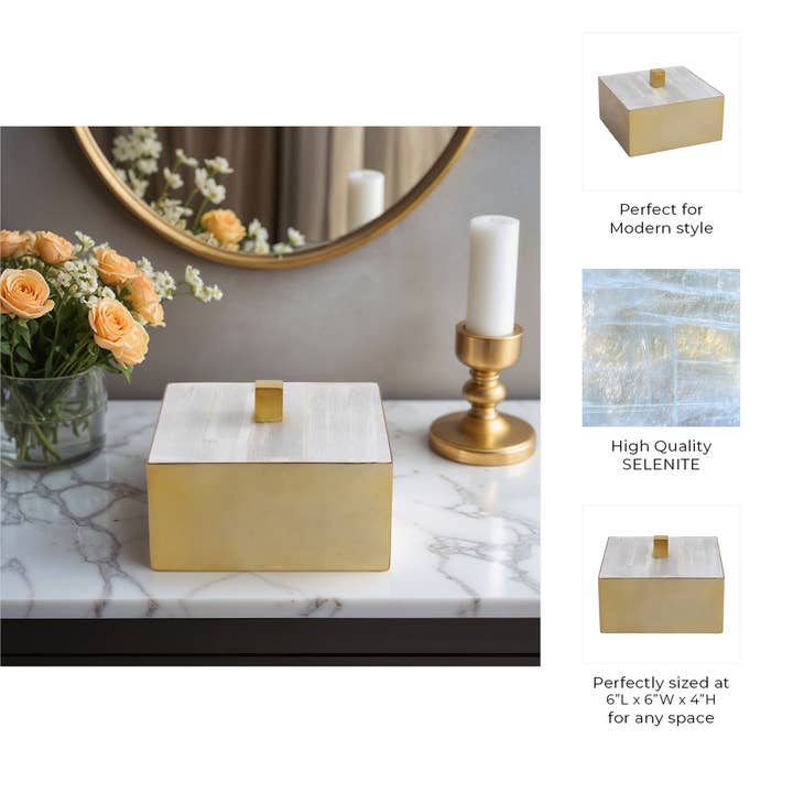 Sagebrook Home - Wholesale Decorative Box - Decorative Box - White/Gold Stone Selenite Top, 6 in. 4