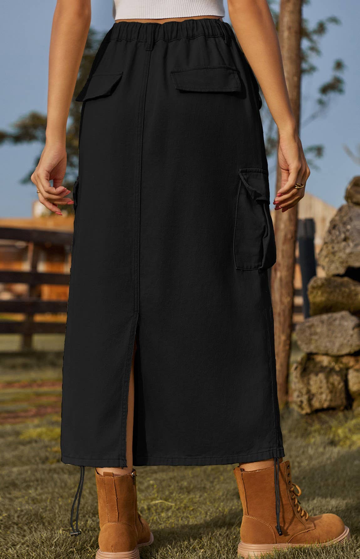 HIDDENBRAND - Wholesale Skirt - Women's - Drawstring Denim Cargo Skirt Casual Midi Skirt10