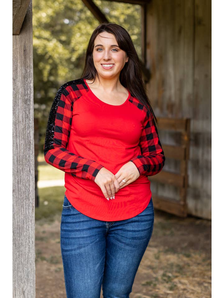 Red Top with Buffalo Plaid Raglan Sleeves for wholesale on Faire