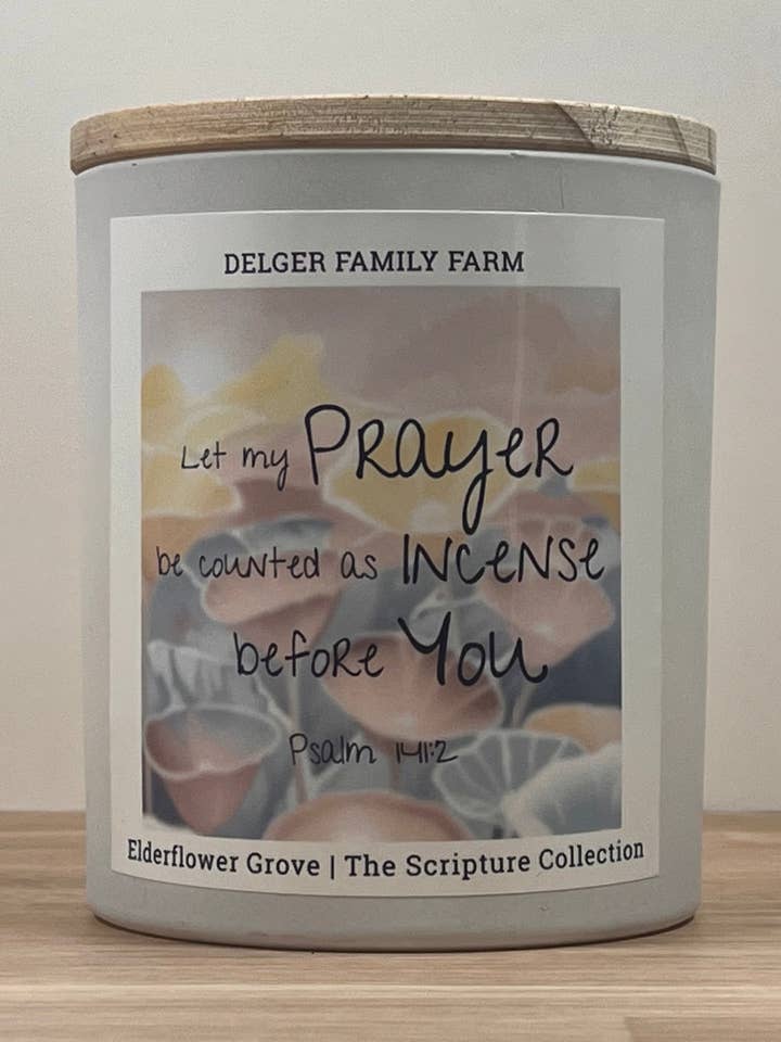 Elderflower Grove Scripture Candle for wholesale by Delger Family Farm