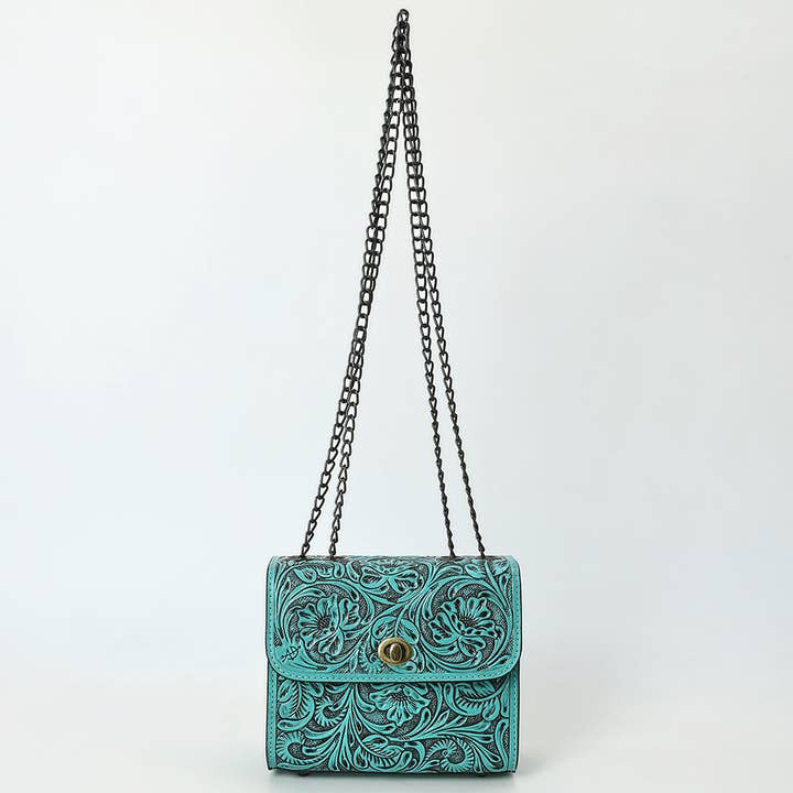 LS Western - Wholesale Crossbody bag – Women's - ADBG1630 Tooled Floral Leather Crossbody Bag with Antique Brass Turn Lock & Chain Strap11