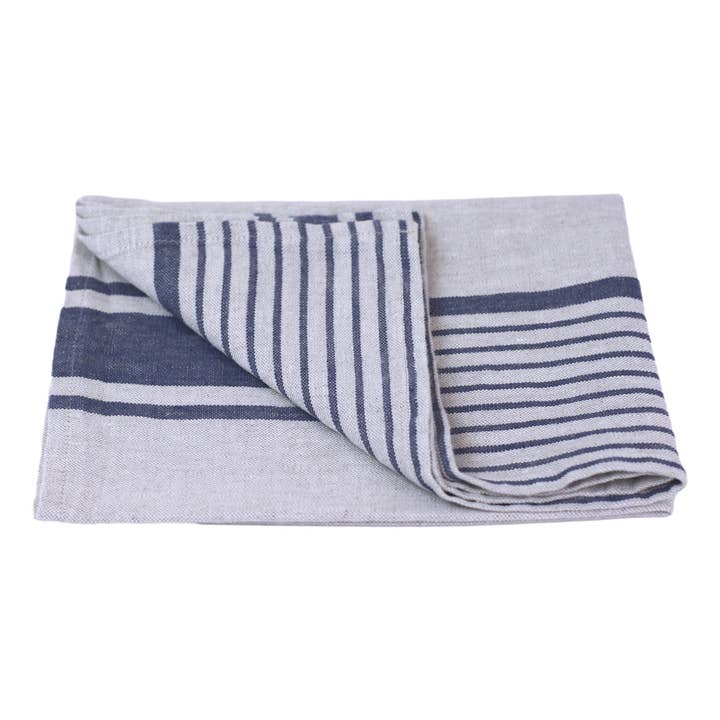 Linen Hand Towel – Stonewashed – Grey with Blue Stripes 2 for wholesale by LinenCasa