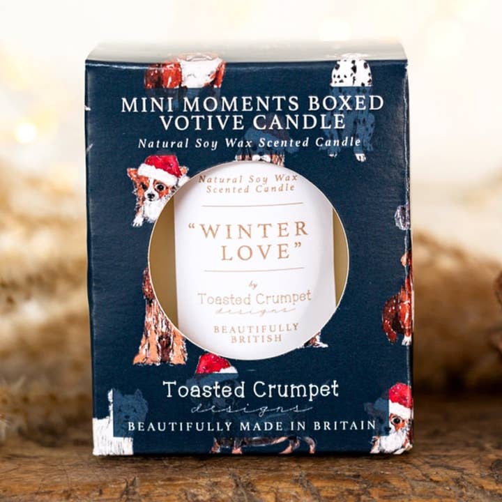 Christmas Dogs (Winter Love) Mini Votive Boxed Candle for wholesale by Toasted Crumpet