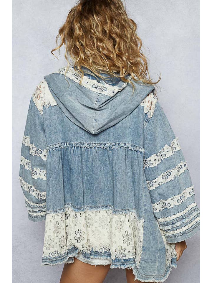 DENIM Embroidered woven crochet patch zipper jacket for wholesale on Faire