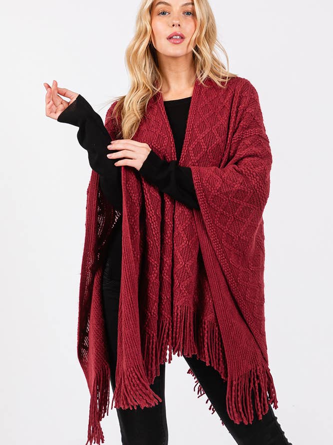 Hana – wholesale Cardigan – Women’s – Diamond Pattern Tassel Knit Ruana Winter Cardigan17