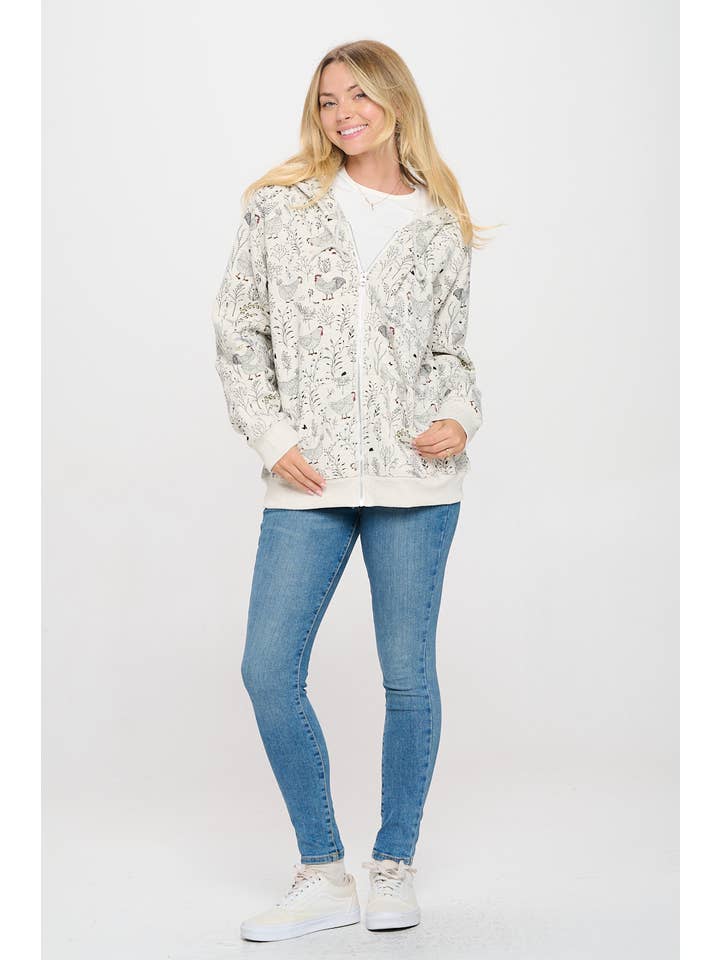 SM WARDROBE - Wholesale Hoodie - Women's - ROOSTER FLORAL PRINT ZIP HOODIE
