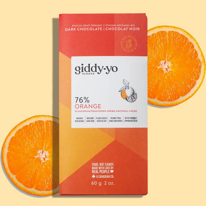 Orange 76% Zartbitterschokolade für den Großhandel von Giddy Yo