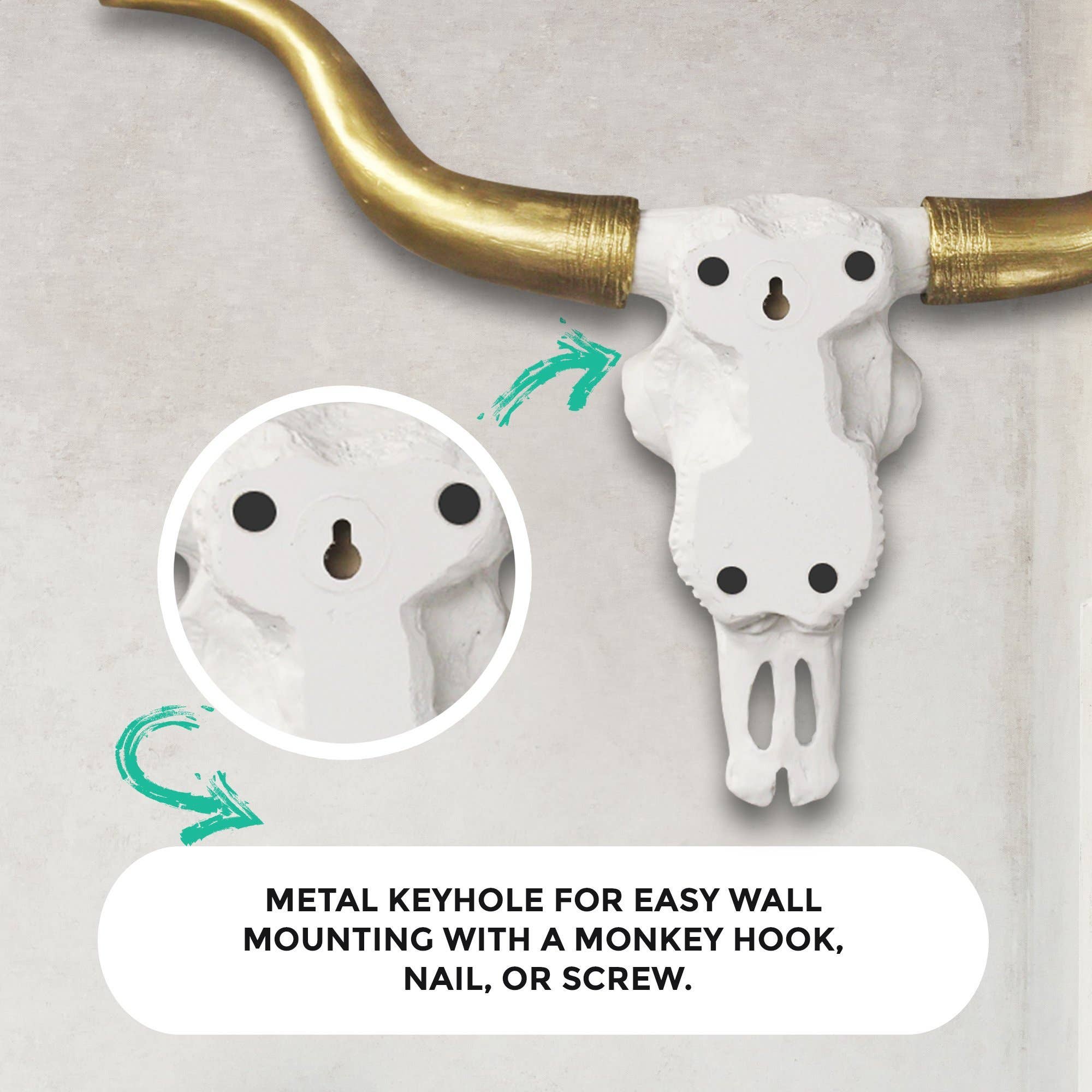 Wall Charmers – Engroshandel 3D-vægkunst – Austin Mini hvid og guldfarvet Texas Longhorn oksehoved i harpiks6