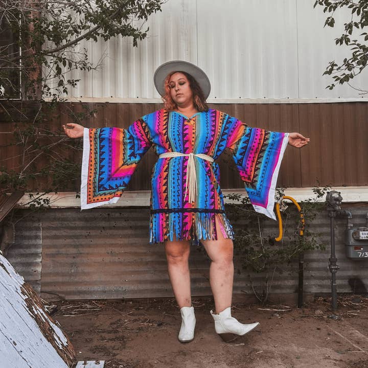 Neon Western Bell Sleeve Mini Dress – Handmade & Upcycled for wholesale by The Modern Alien