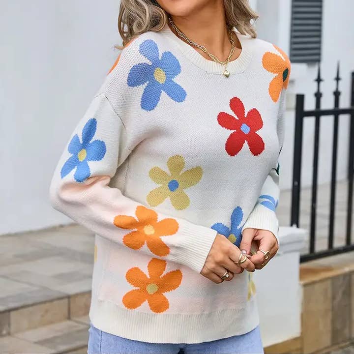 Floral crew-neck loose knit sweater for wholesale by Lily Clothing