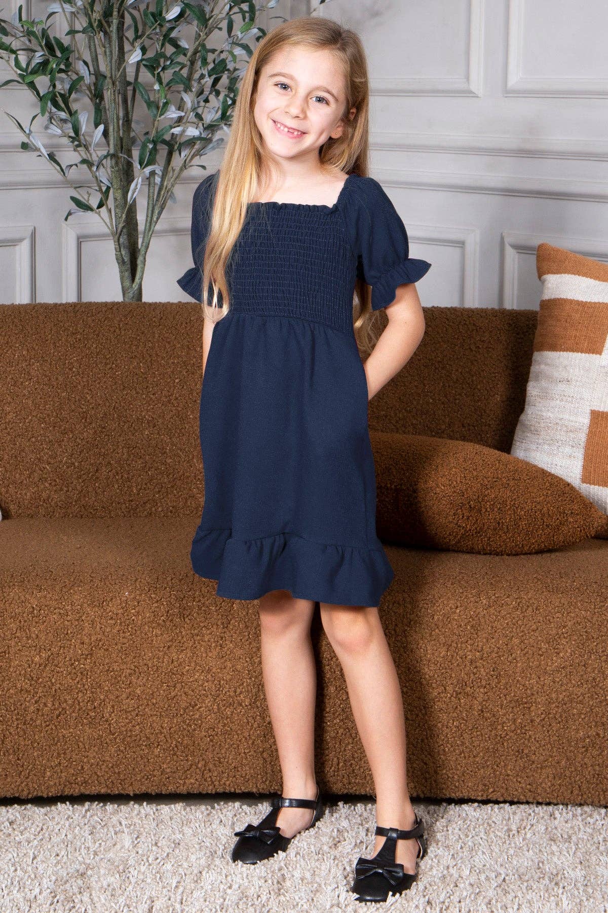 Loven x Mini Momo - Wholesale Dress - Kids - Kid's Smocked Dress Short Puff Sleeve Ruffle Crepe Midi6