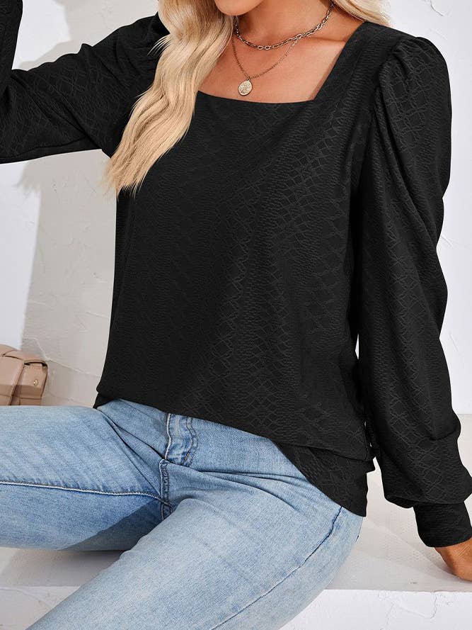 Comely Fashion - Wholesale Blouse - Women's - CF-HLL106 Square Neck Solid Jacquard Tshirt Long Sleeves Top6