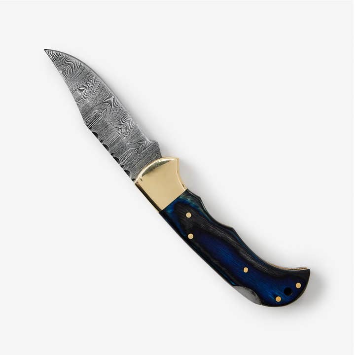Titan International - Wholesale Pocket Knife/Holder - Blue Diamond Wood folding knife with Leather Sheath