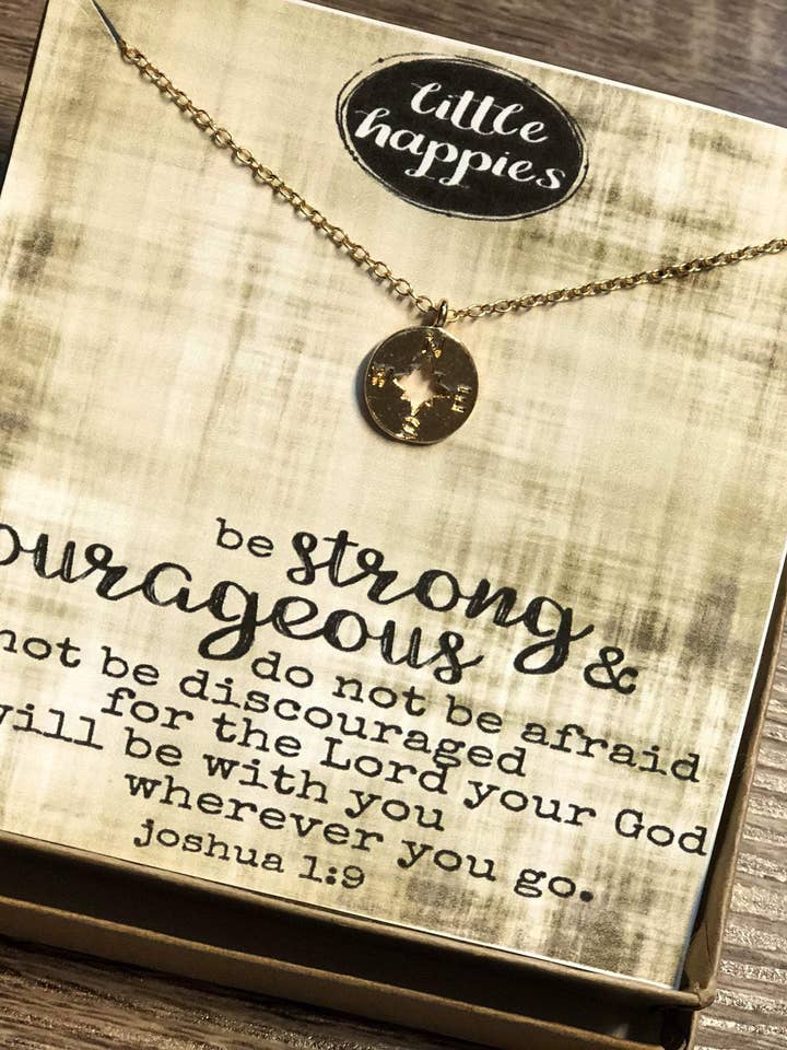 compass necklace, gift for her, graduation gift, inexpensive, bible scripture, Joshua 1:9, Encouragement gift, inspirational, dainty compass for wholesale by Little Happies Co