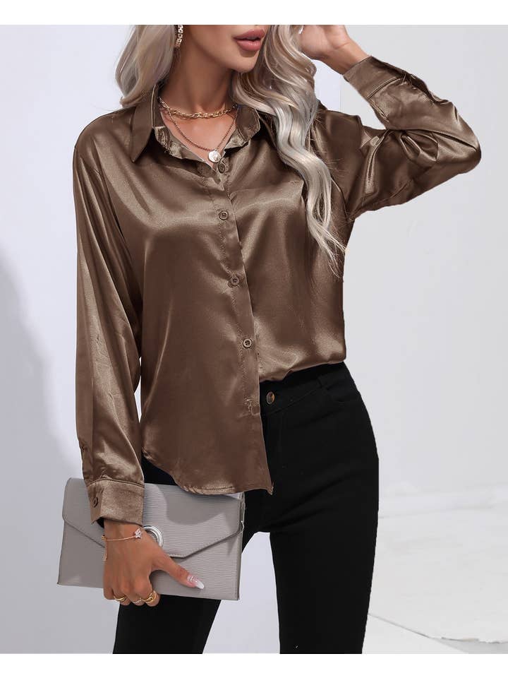 HIDDENBRAND - Wholesale Button Down Shirt - Women's - Satin Faux Silk Long-Sleeved Shirt6