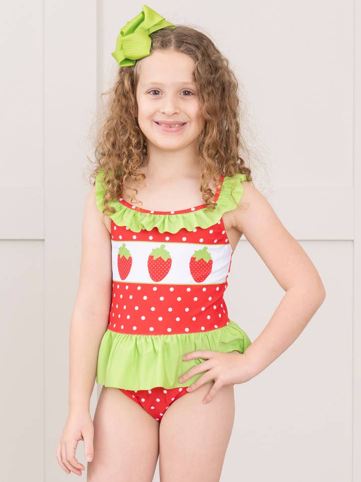 Red & Lime Green Strawberry Swimsuit for wholesale by Marie Nicole Clothing