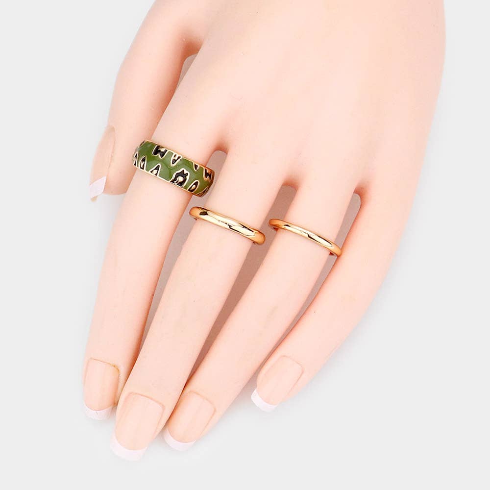 Sensibling Corp. - Vente Anneau/bague à empiler - Lot de 3 bagues en métal à motif émaillé guépard/léopard.1