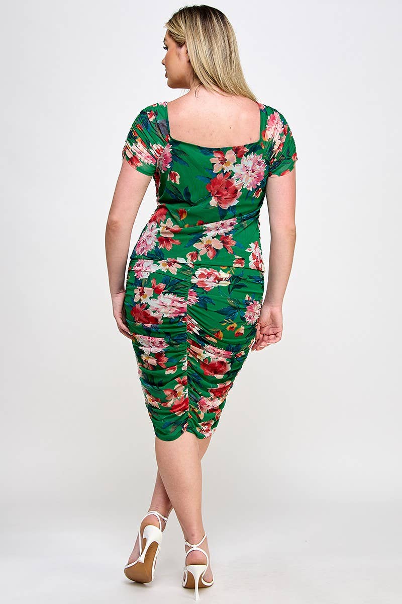 Haute Fox Plus Size & Contemporary - Wholesale Blouse - Women's - Plus Size Mesh Floral Print Ruched Top - WG18420-T12