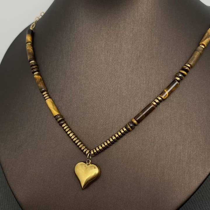 Mio Queena - Wholesale Pendant/Charm Necklace - 18K Golden S.Steel Tiger's Eye Stone Beaded Necklace - FGS/CS2